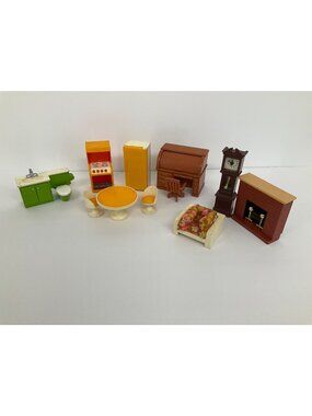Vintage 70s Fisher Price Doll House Furniture Desk, Clock, Kitchen, Bathroom
